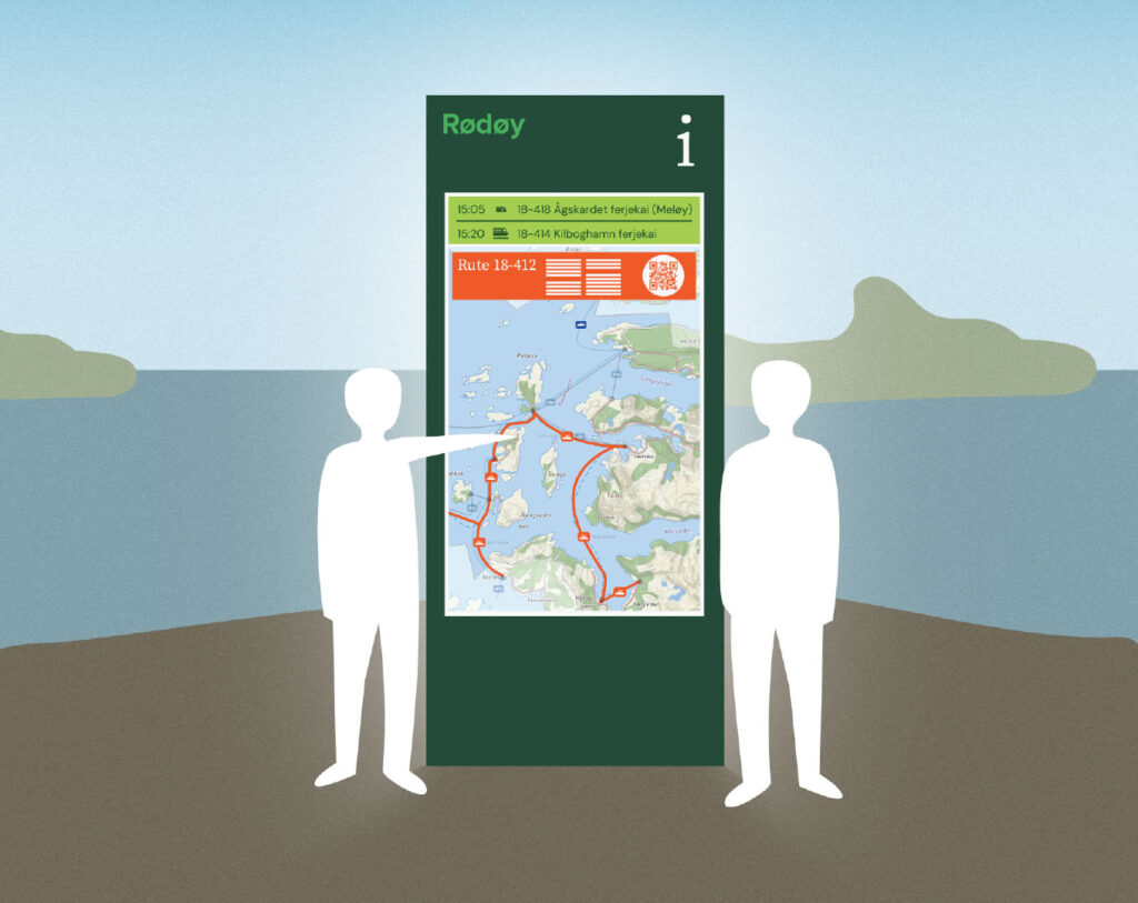 Illustrasjon av to mennesker som ser på en digital tavle med kart over rødøy kommune.