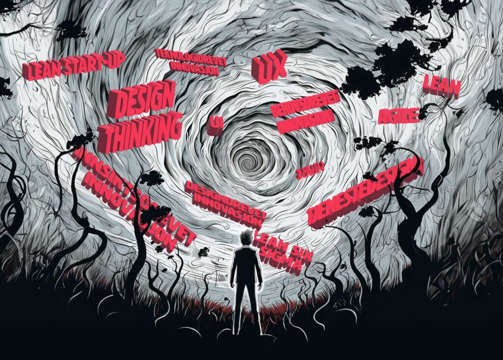 En illustrasjon av en mann som står forran en tornado. Masse røde ord flyr rundt han. Det står: Lean startup, design thinking, ux, ui, innovasjon, agile, lean, scrum